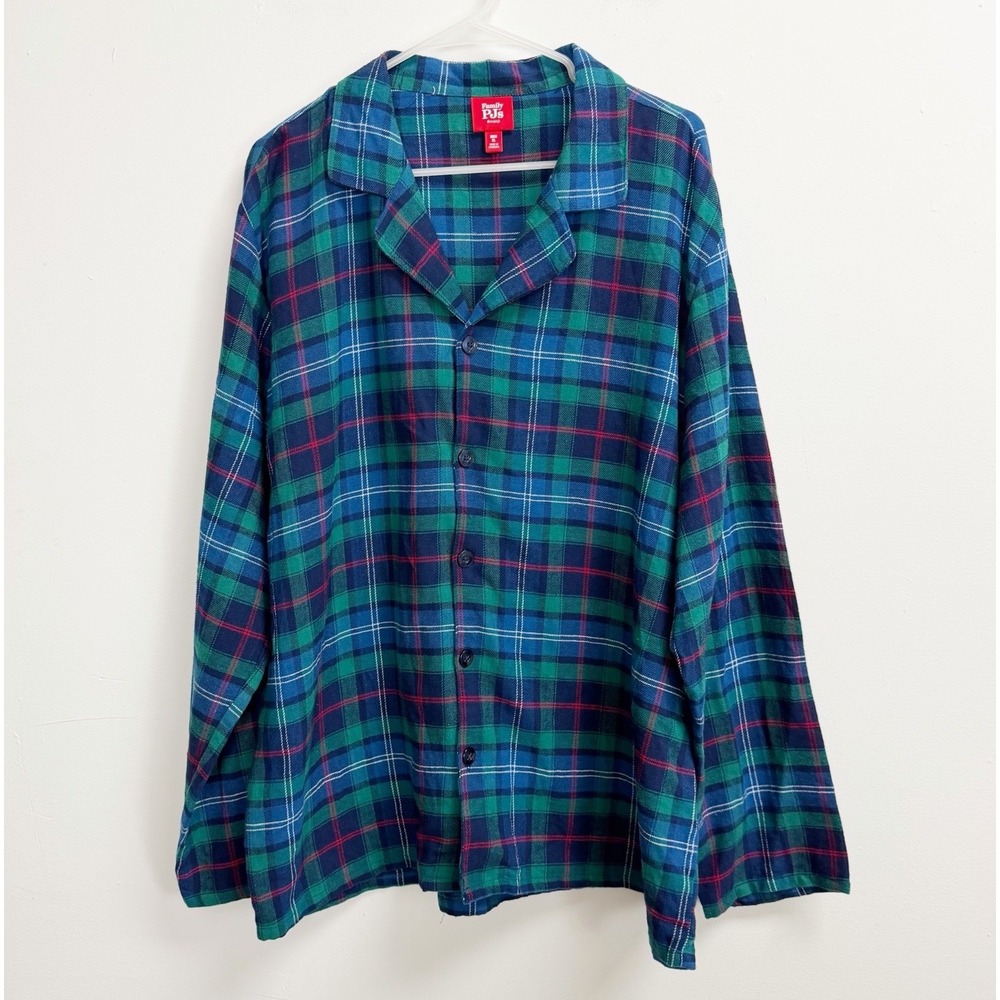 Macy's Pajama Shirt Mens XL Green Navy Blue Plaid Button Up NWOT Family PJs